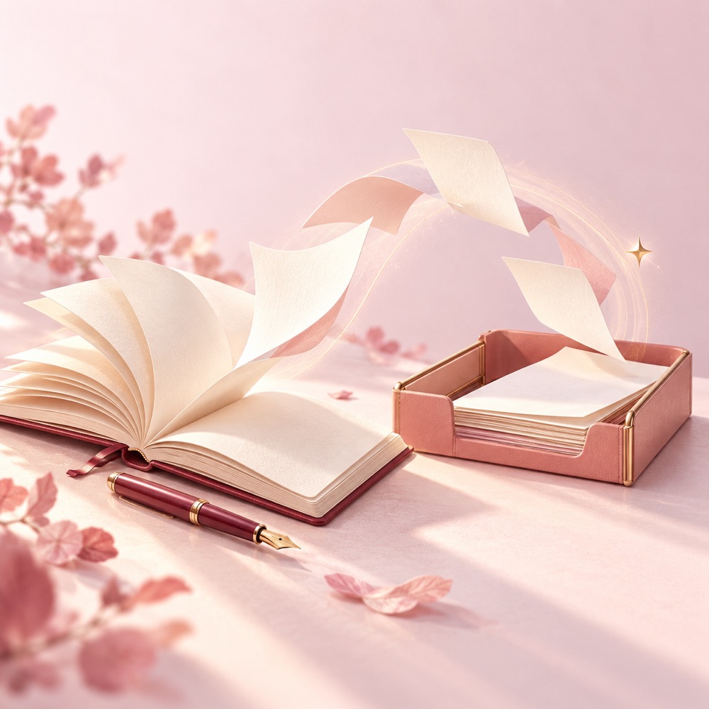 书页、花枝与晨光交织的浅粉色写作插画